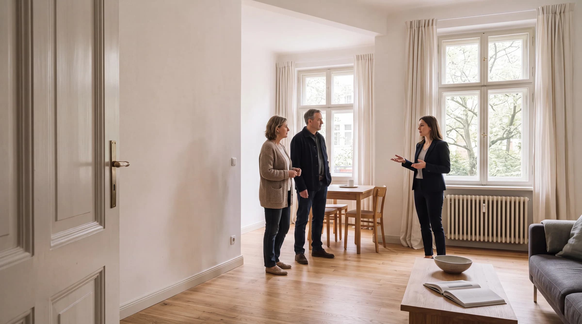 Eine Maklerin führt zwei Interessenten durch eine helle Wohnung