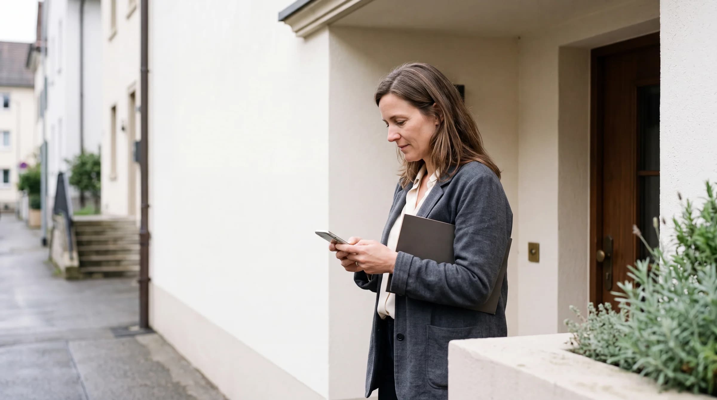 Eine Maklerin nutzt ihr Smartphone vor dem Eingang eines Wohnhauses