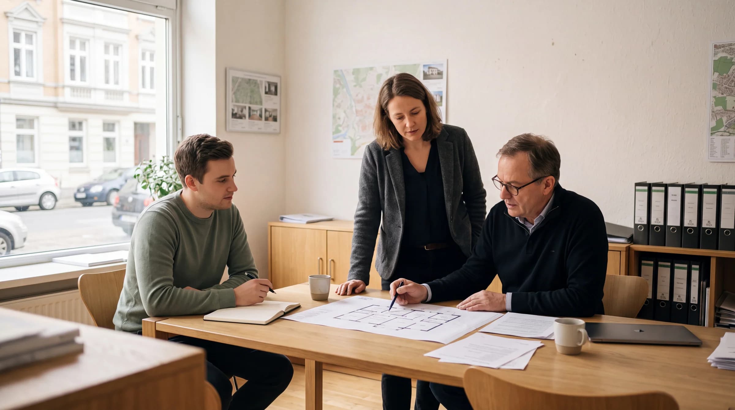 Drei Kollegen besprechen einen Grundriss im Maklerbüro